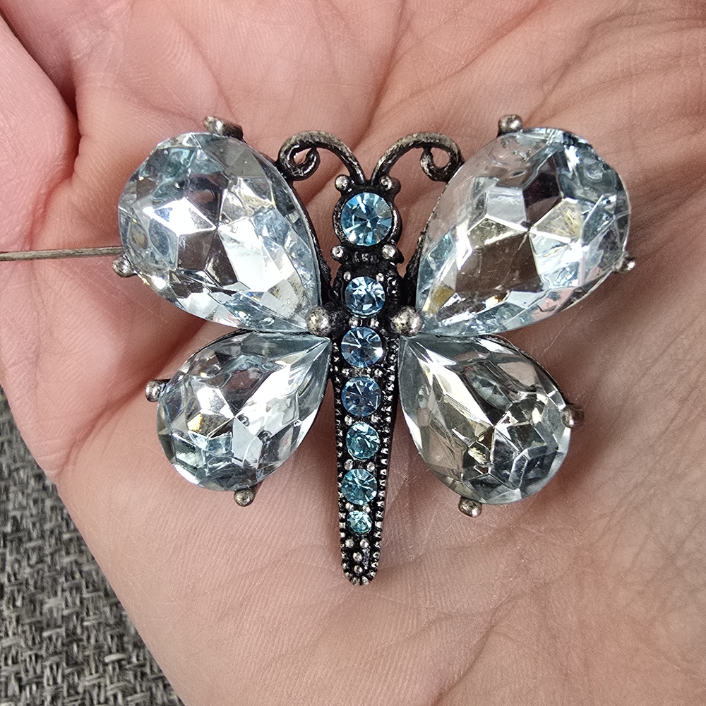 Blue Vintage Rhinestones Brooch Pin Butterfly Moth Mcm Estate Jewelry Animal Bug
